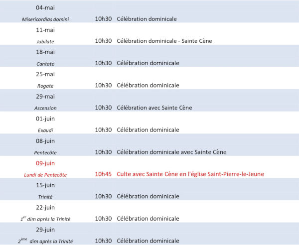 Planning des cultes Saint-Thomas Strasbourg